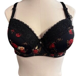 Binnys Black Floral Rose Lace Trim Padded Underwire Bra 38D romantic croquet